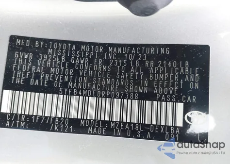 2024 Toyota Corolla Le из США, поврежденный, VIN 5YFB4MDE0RP097388